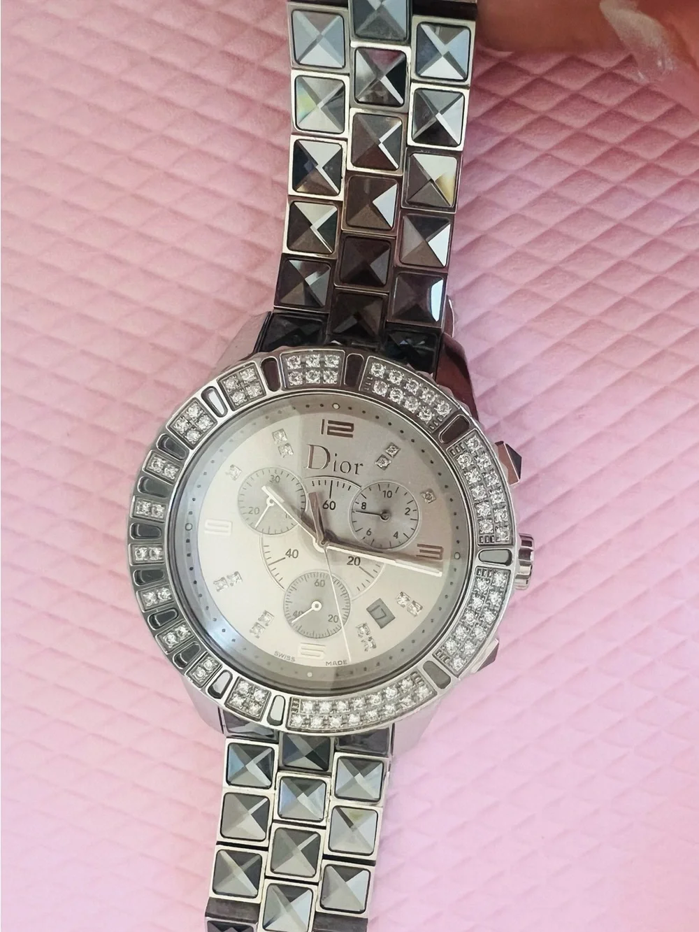 Dior watch featuring gray sapphire crystals and diamonds.